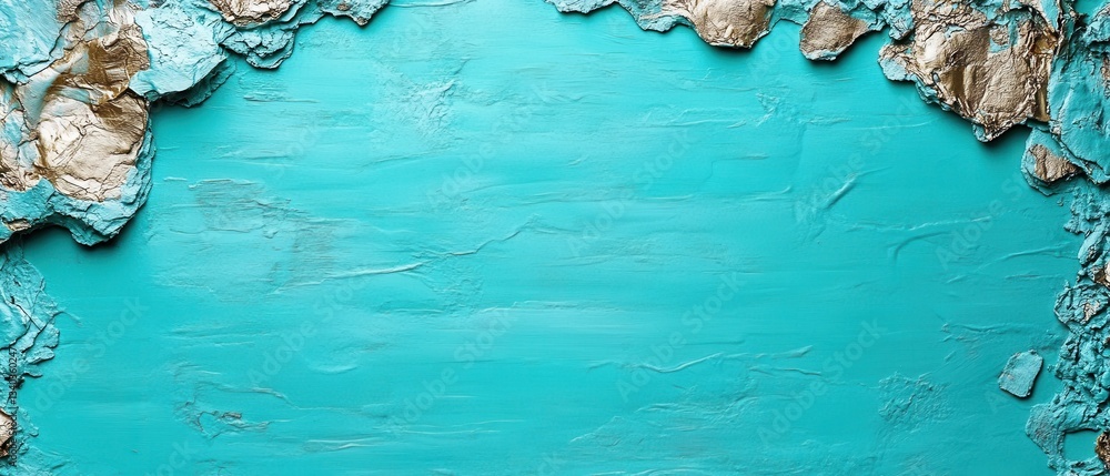 Poster abstract teal surface with gold accents in a textured frame for artistic backgrounds or design eleme