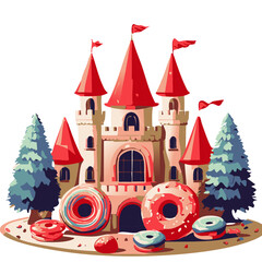 Fototapeta premium A charming and whimsical illustration of a fairytale castle with red pointed rooftops, surrounded by a fantasy landscape with doughnut-shaped decorations, evoking a playful and magical atmosphere.