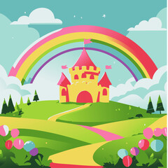 Naklejka premium A whimsical and colorful illustration of a floating island with a fairytale castle, surrounded by mountains, a vibrant rainbow, fluffy clouds, and cheerful balloons.