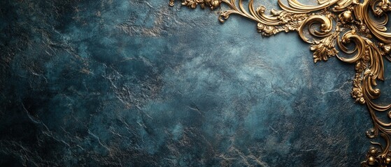 Luxurious teal marble surface with ornate golden baroque corner design for elegant background texture