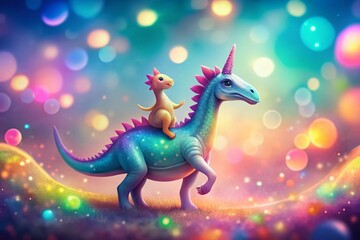 Fototapeta premium Magical Unicorn Riding Dinosaur: Whimsical Bokeh Illustration