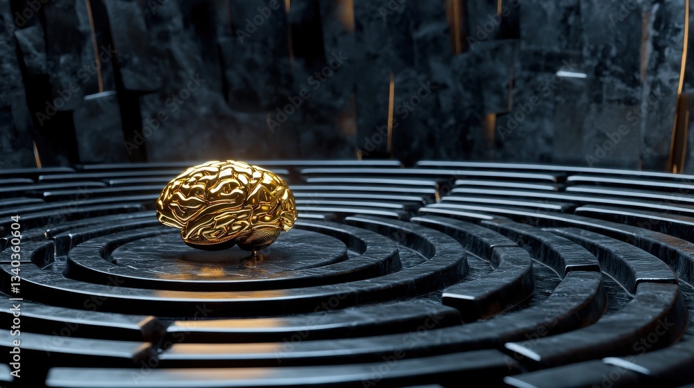 Poster a golden illuminated brain appears to be exploring and interacting with a complex abstract black lab