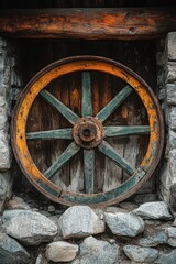 Obraz premium Rustic Charm Old Wooden Wheel Against Stone Wall Capturing Vintage Aesthetic and Timeless Beauty Rural Heritage and Artistic Composition for Stock Photography