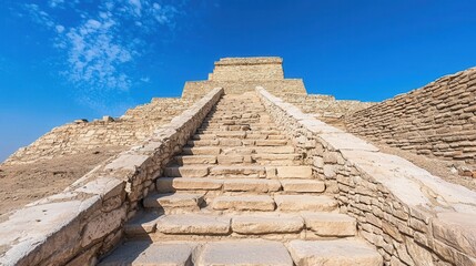 Fototapeta premium Towering steps leading up to the impressive weathered ruins of an ancient architectural monument serving as a testament to a long lost civilization