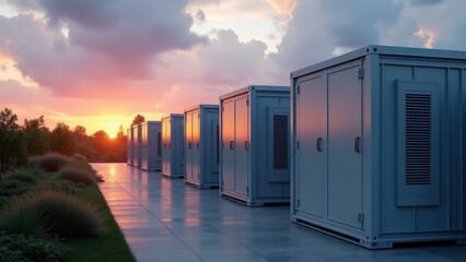 Naklejka premium Row Of Data Center Containers At Sunset
