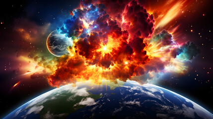 Planet surrounded by a colorful explosion of fire and smoke illustrating the stellar feedback mechanisms in a cosmic simulation.