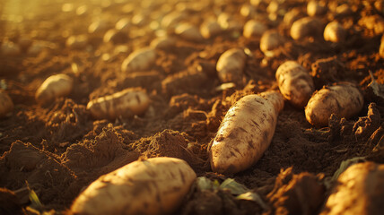 秋の恵み、畑に広がる土付きさつまいもの収穫風景