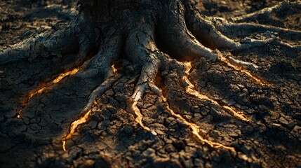 Fototapeta premium Scorched tree roots, exposed in dried-up ground with no vegetation 