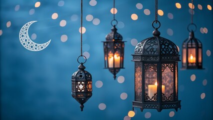 Obraz premium Traditional Lanterns with a Moonlit Night