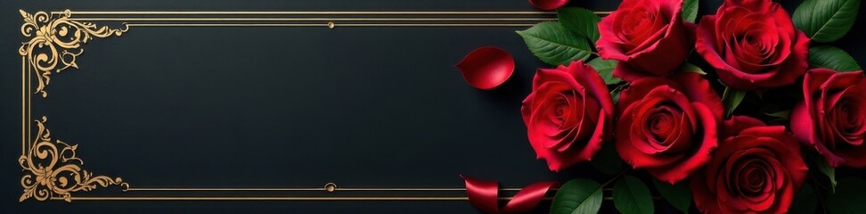 Naklejka premium Lavish black invitation card with gold accents and satin ribbon tied around a bouquet of dark red roses , formal , gold