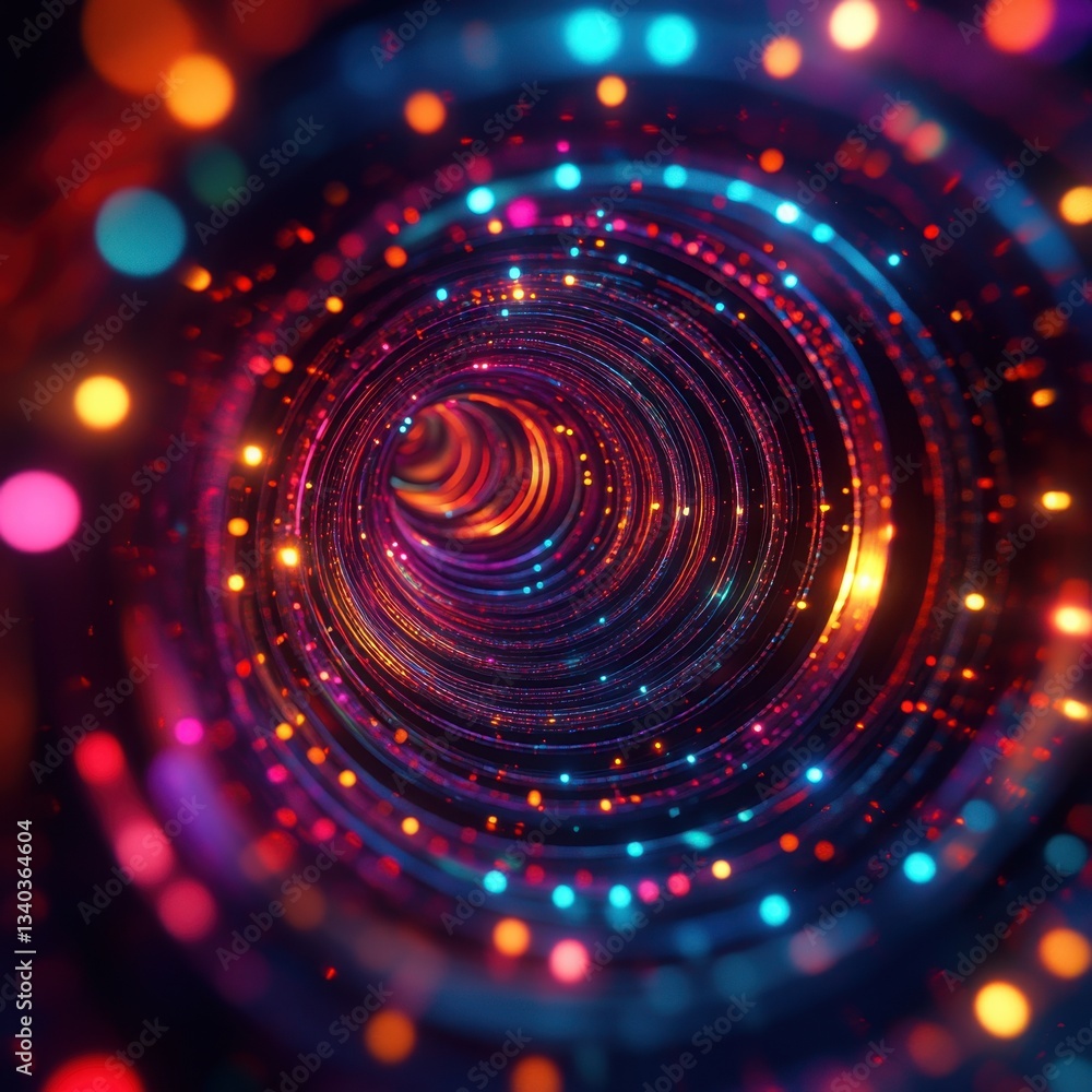 Poster captivating tunnel of radiant light beams and vibrant bokeh spheres in a mesmerizing abstract compos