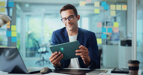 Business, tablet and man in office, productivity and connection with social media. Person,...