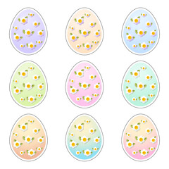 A set of eggs for Easter holiday. Bright, pastel, plant ornaments of flowers and leaves on a gradient background. Color stickers. Vector illustration.