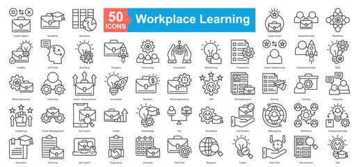 workplace learning icon sheet vector career option, academic, education, career goals, apprenticeship, workforce, insights, soft skills, branding, prospect, partnership, acquisition, mentorship