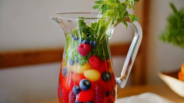 Artistic composition of kompot served in a glass pitcher with fresh berries and herbs, elegant and minimalist background, warm natural lighting
