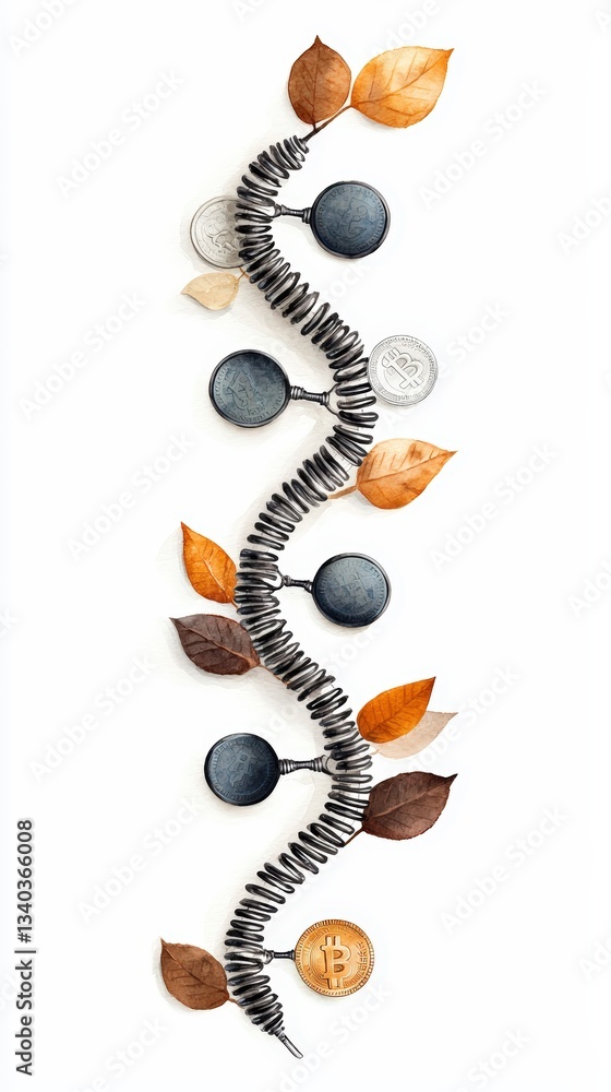 Poster artistic display of colored leaves and circular objects, symbolizing nature's harmony with modern el