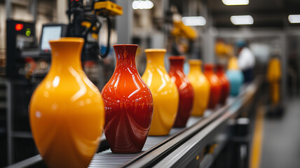 Brightly Colored Vases on Conveyor Belt in Manufacturing Facility  
