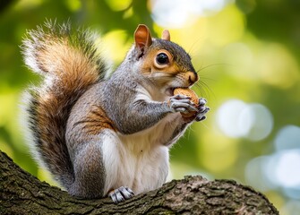 Obraz premium Fluffy Gray Squirrel Eating a Nut on Tree Branch