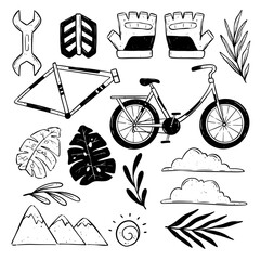 set of bicycle elements with doodle art style