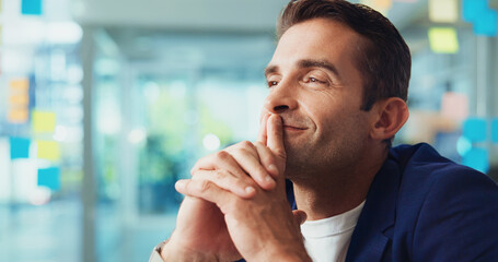 Creative, solution and man with thinking in office for campaign inspiration, problem solving and...