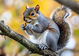 Obraz premium Gray Squirrel Eating Nut on Autumn Tree Branch
