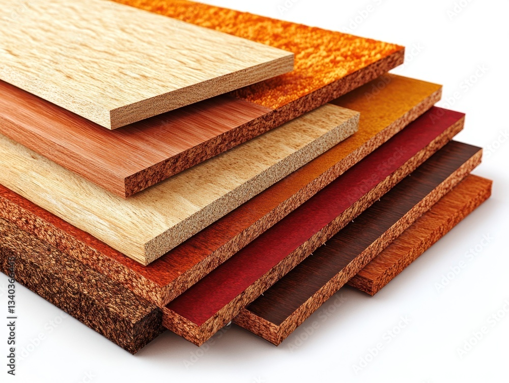 Poster stack of various wood veneer samples displaying different textures and colors in a studio setting wi
