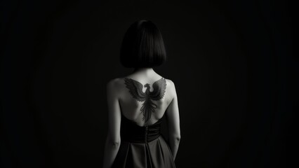 Obraz premium Woman's Back Tattooed With Dark Angel Wings