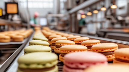 Pastel-Colored Macarons on Conveyor Belt in Food Production Facility  
