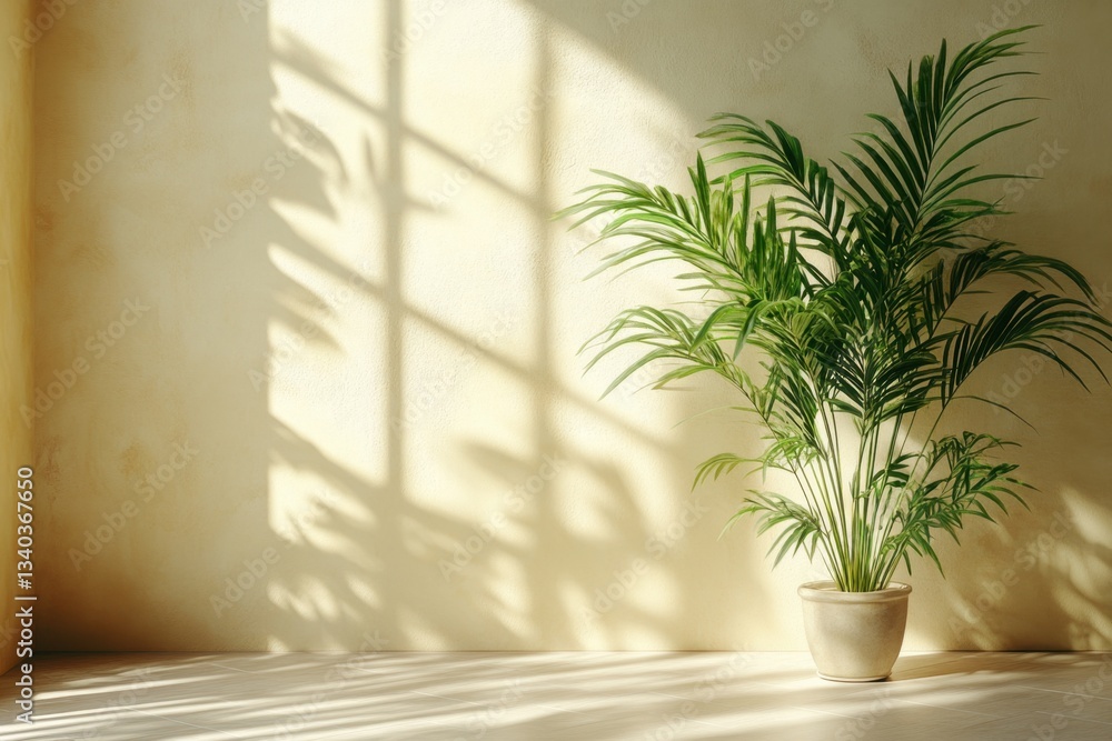 Aufkleber serene interior with lush areca palm in pot casting soft shadows on textured wall creating a tranqui