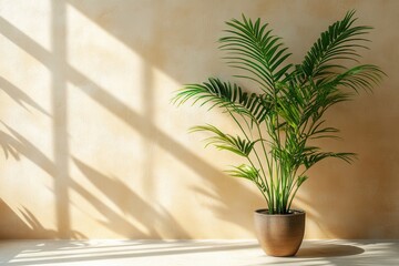 Fototapeta premium Serene interior scene featuring a vibrant areca palm in a pot casting shadows on a textured wall creating a calm and inviting atmosphere with natural light