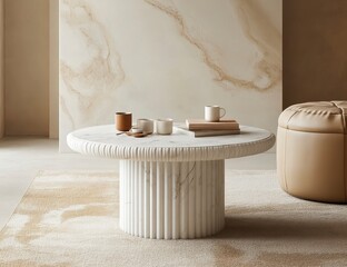Modern Beige and White Fluted Coffee Table on Textured Rug