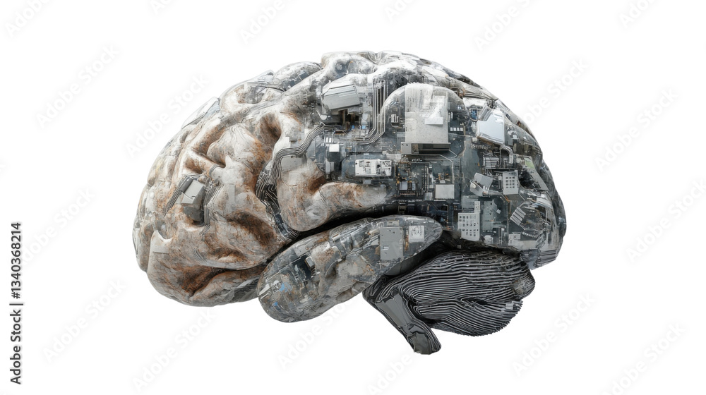 Poster artificial intelligence brain merging with electronic circuitry on transparent background