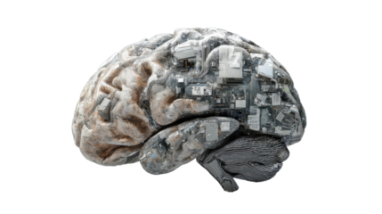 Artificial intelligence brain merging with electronic circuitry on transparent background