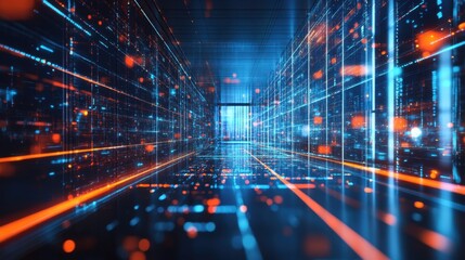 Abstract digital network corridor with blue and orange glowing lines and dots creating a futuristic and technological atmosphere for innovation and connection