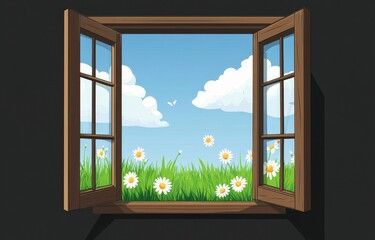 Fototapeta premium Open Wooden Window Showing Sunny Daisies Field Pixel Art