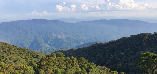 Breathtaking view from Ba Na Hills in Da Nang, Vietnam, showcasing lush green forests and distant...