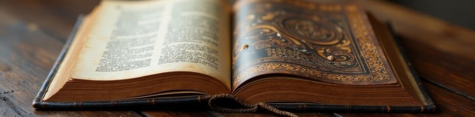 A book with a worn, wooden, leather-bound cover featuring intricate patterns and textures, leather, book, classicbook