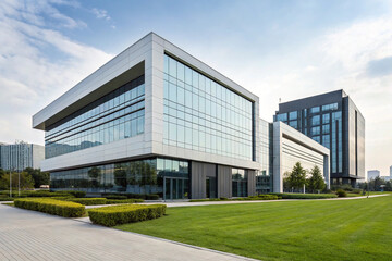 New modern corporate office building exterior. Exterior of modern corporate office building in office park.