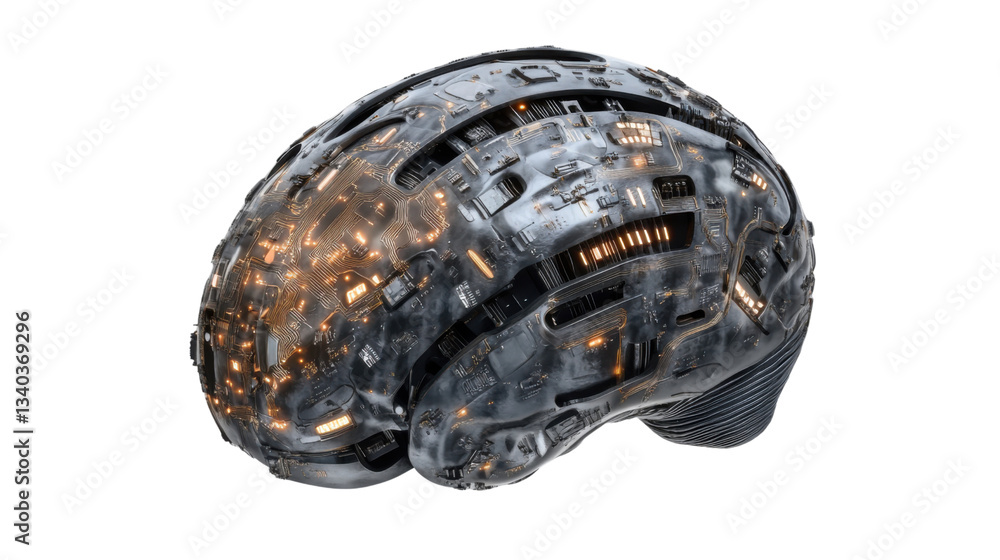 Poster cybernetic brain processing data with futuristic circuits and orange lights on transparent backgroun