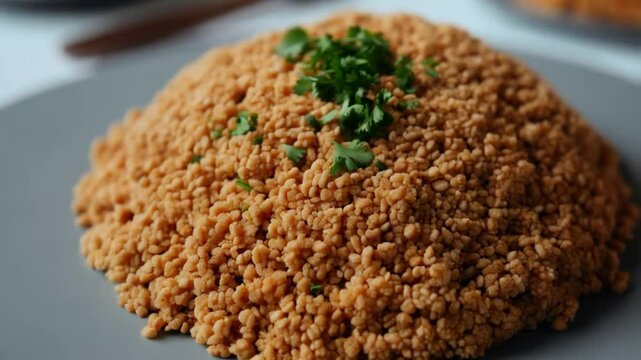 Artistic farofa composition, close-up of textured grains, garnished with parsley, modern gourmet table setting
