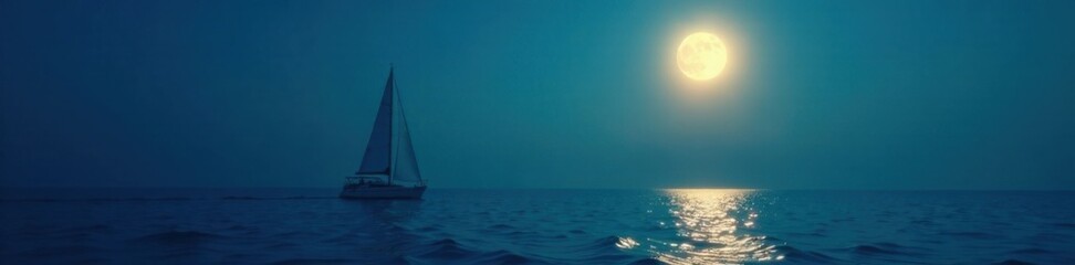 A sailboat navigating through a calm sea under a bright full moon, sailboat, nautical