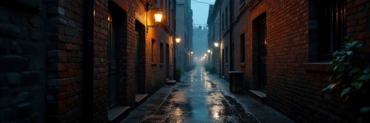 Fototapeta premium Moody dark alleyway with old bricks and mortar, rain soaked, rain, overcast