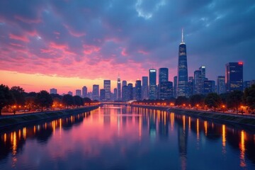 Obraz premium A serene cityscape at dusk with skyscrapers and a river in the background , #cityscape, night sky