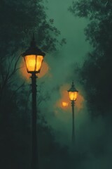 Moody Night Scene with Glowing Street Lamps in Foggy Park Setting Artistic and Atmospheric Vibe
