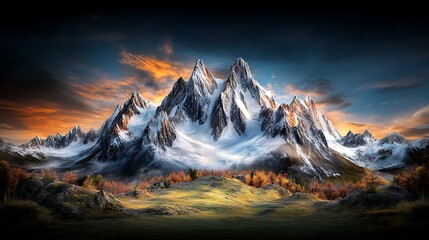 Obraz premium Majestic snowcapped peaks glowing under golden light a breathtaking mountain landscape at dawn