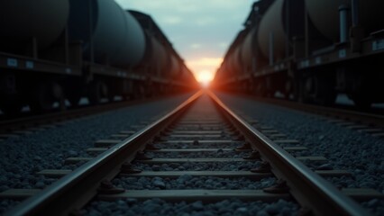 Fototapeta premium Train Tracks Leading To Distant Sunset