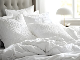 Elegant hotel room with messy white pillows and blanket, showcasing morning light filtering in, creating a cozy and luxurious atmosphere