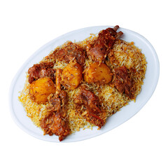 Delicious Lamb Biryani with Potatoes on a White Plate
