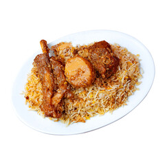 Delicious lamb biryani with rice and spices on a white plate