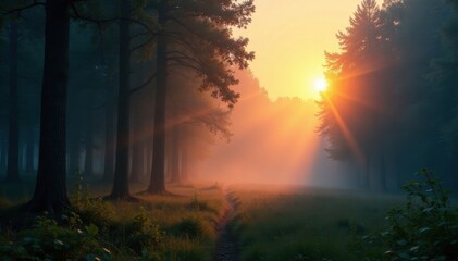 A serene forest at dawn with misty fog rolling in, serenity, morning, mist